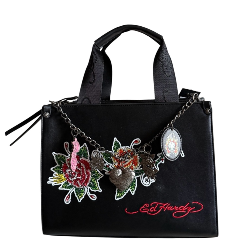 Ed Hardy Black Tote with Embroidered Floral Design